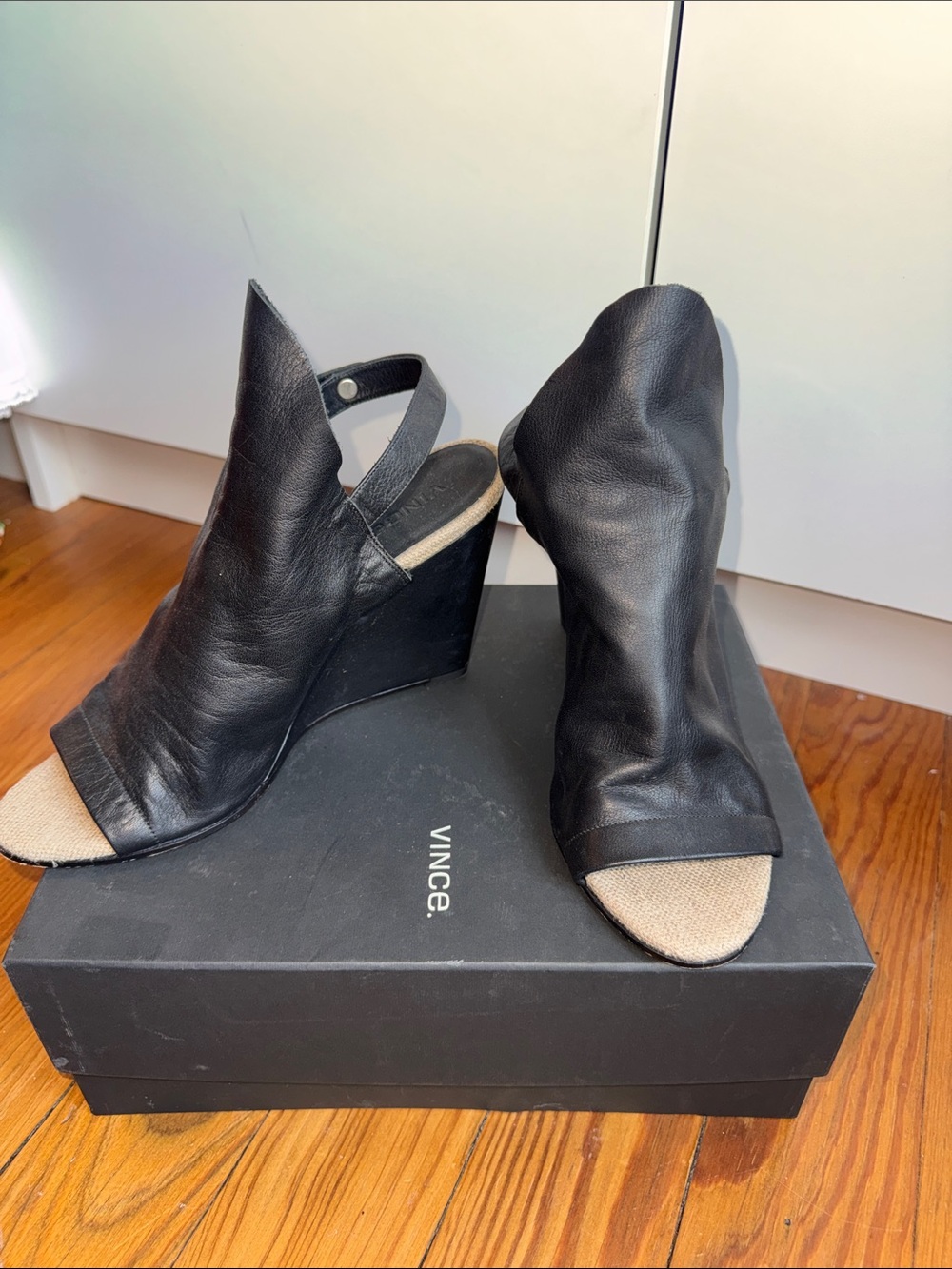 Vince Black Leather Peep-Toe Slingback Wedges